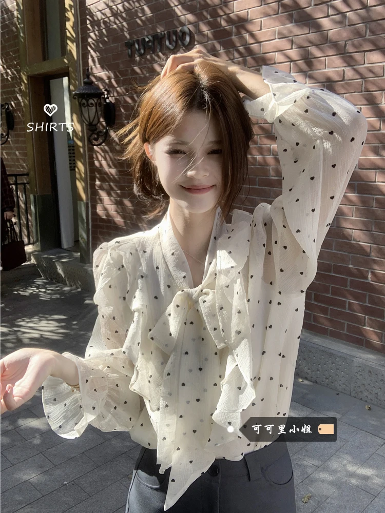 

Miss Cacao Long Sve Polka Dot Sun Protection irt Spring Loose Korean Sle Knot Belted Women's Faion Blouse