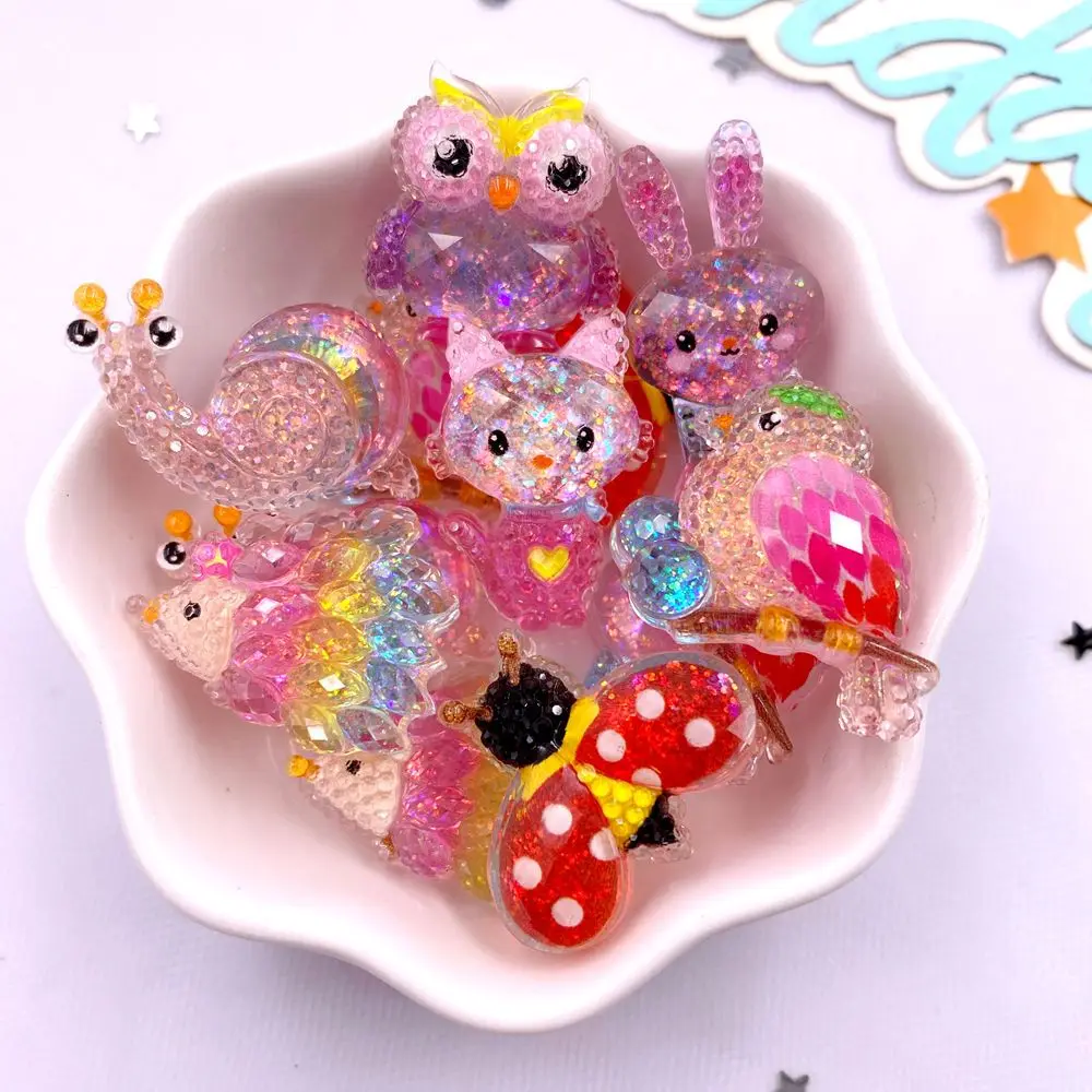 Figuras de animales de resina brillante, 7 Uds., surtido de erizo, pájaro, gato, caracol, escarabajo, conejo, búho, dijes para álbum de recortes DIY