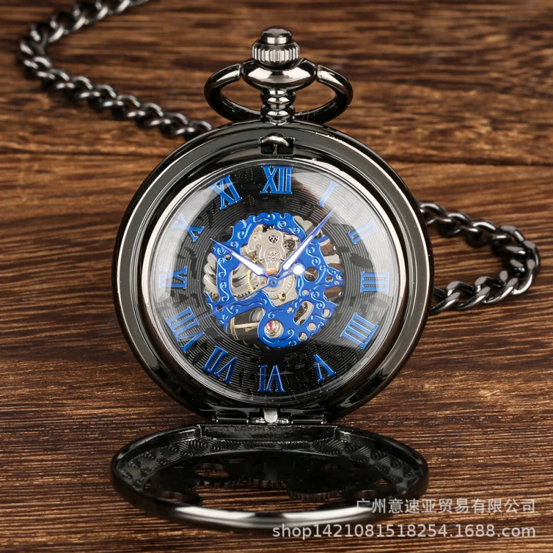 New Products in Stock Hot Sale Hollow Gear Blue Roman Face Manual Manipulator Large Pocket Watch Male and Female Student Pocket