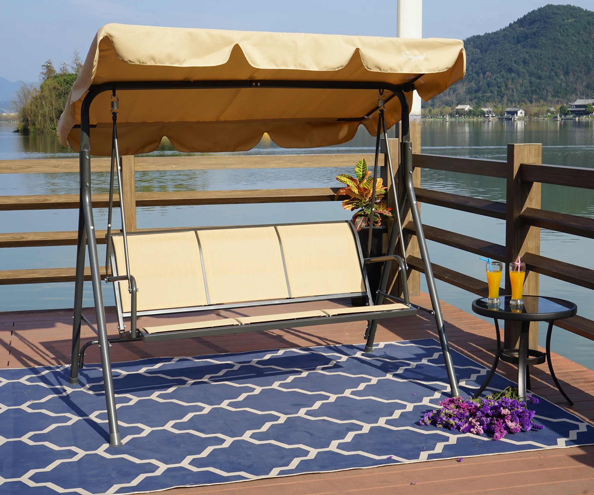 Modern 3-Person Outdoor Patio Swing With Strong Weather-Resistant Powder Coated Steel Frame And Textilence Seats For Courtyard