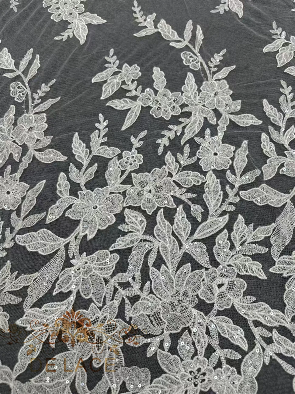 MEU simples e elegante bordado flor renda com lantejoulas brilhantes floral bordado vestido de casamento tecido de renda