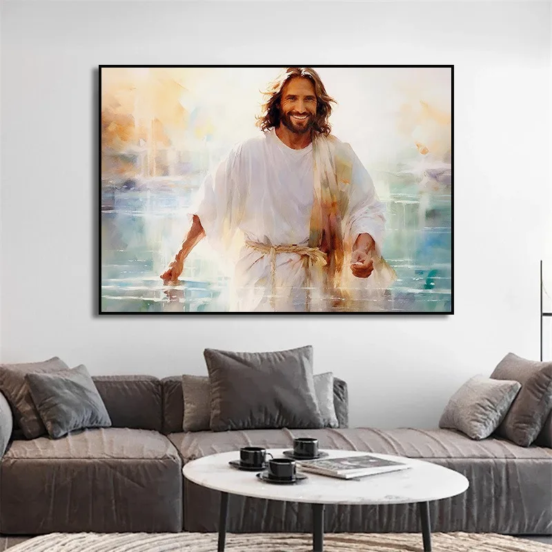Watercolor Jesus Walking on Water Poster Jesus Laughing Picture,canvas Painting Christian Wall Art Christ's Embracehome Decor