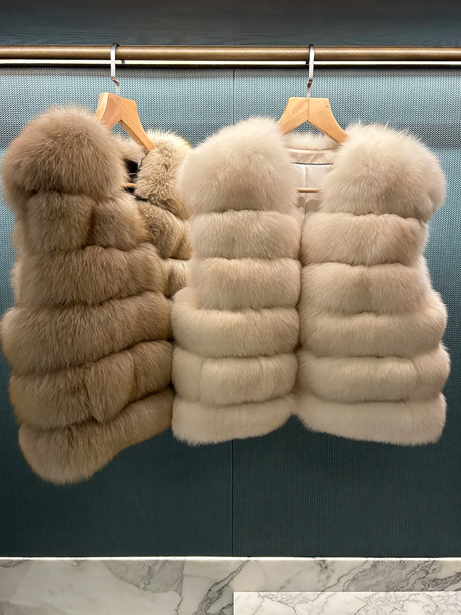 Gilet in pelliccia di volpe, giacca in pelliccia sintetica, sfumatura bicolore da donna
