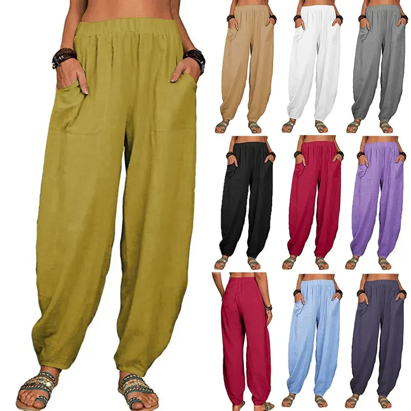 Women Harem Pants Cotton Linen Waist Wide Leg Pantalones de Mujer Summer Casual Vintage Retro Loose Pockets Female Trousers