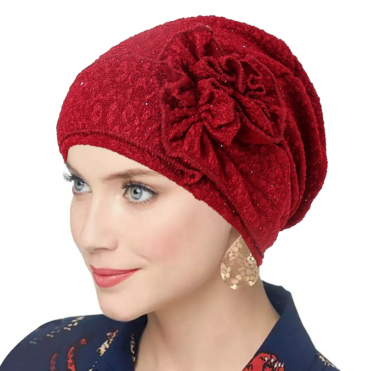 

New Women Shiny Big Flower African Bandana Head Wrap Elastic Hair Loss Cap Turban Wedding Party Headwear Mujer Hair Accessories