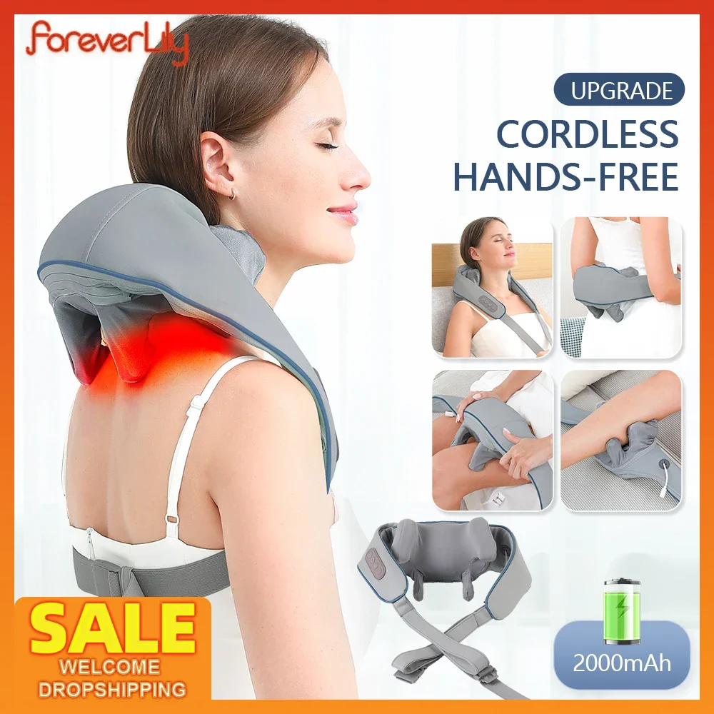 Masajeador inalámbrico para cuello y hombros, chal de masaje Shiatsu con calor 6D, masajeador eléctrico para cuello y espalda