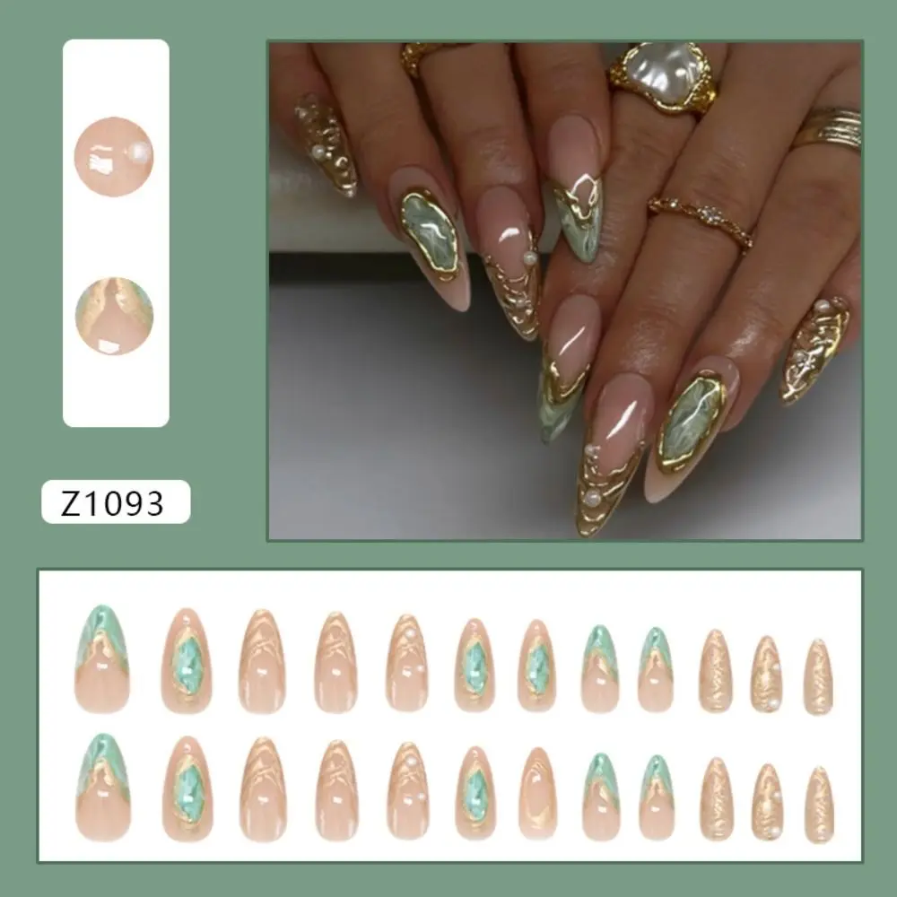 24 pçs manicure longo amêndoa unhas falsas arco francês pérola imprensa em unhas aurora onda flor starburst falso nials feminino