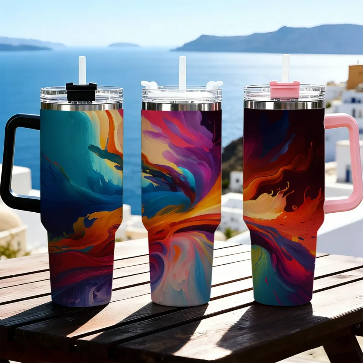 40oz Tumbler with Handle Colorful Abstract Marble Art Print Insulated Cup, Other colors sold out, random black or white shipment for other color orders
