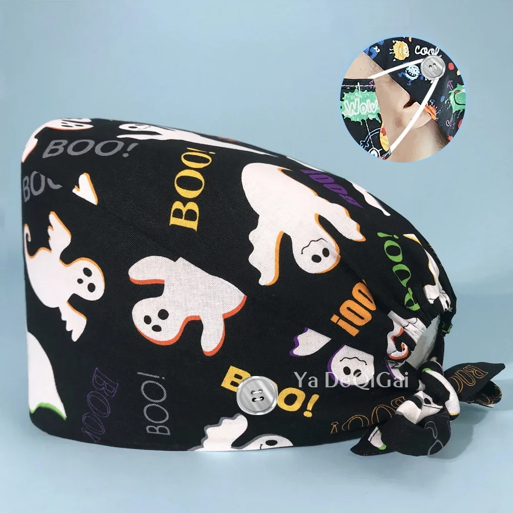 Black Style Printing Skeleton Skull Scrub Caps For Nurse Adjustable Surgical Hats Medical Cap Women Men Scrub Hat Nursing Caps