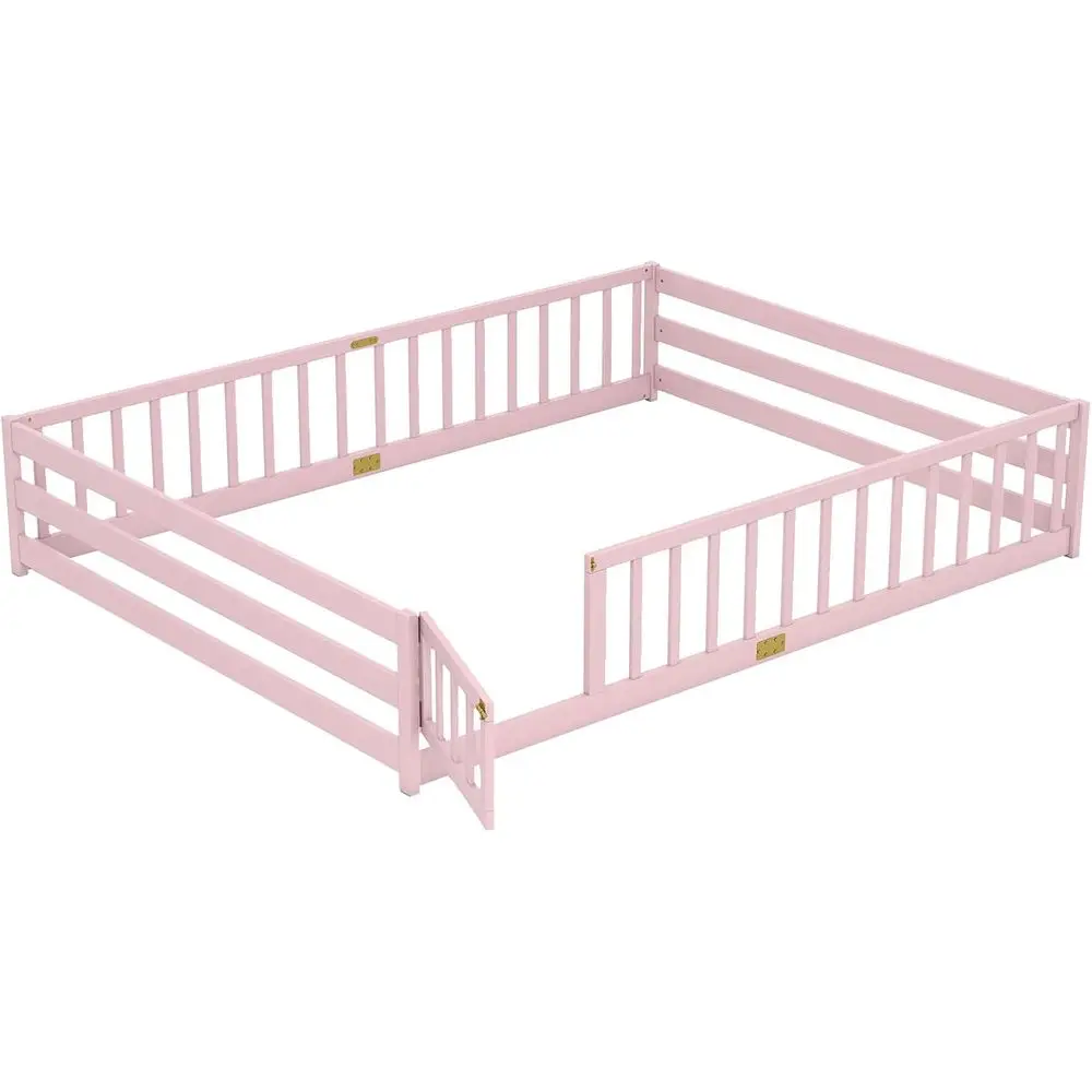

Queen Size Floor Bed, Montessori Floor Bed, Kids Beds with Fence & Door, Wooden Twin Platform Beds for Boys and Girls (Pink, Que
