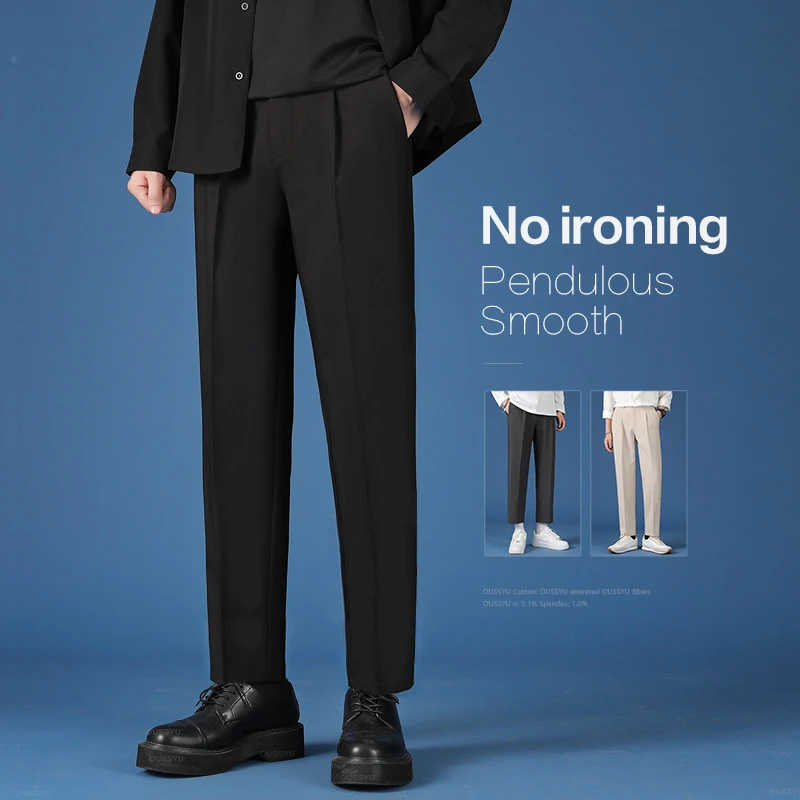 

Spring Autumn Mens Casual Pants Korean Smooth Pendulous Business Trousers Plus Size Elastic Straight Formal Suit Pants Male