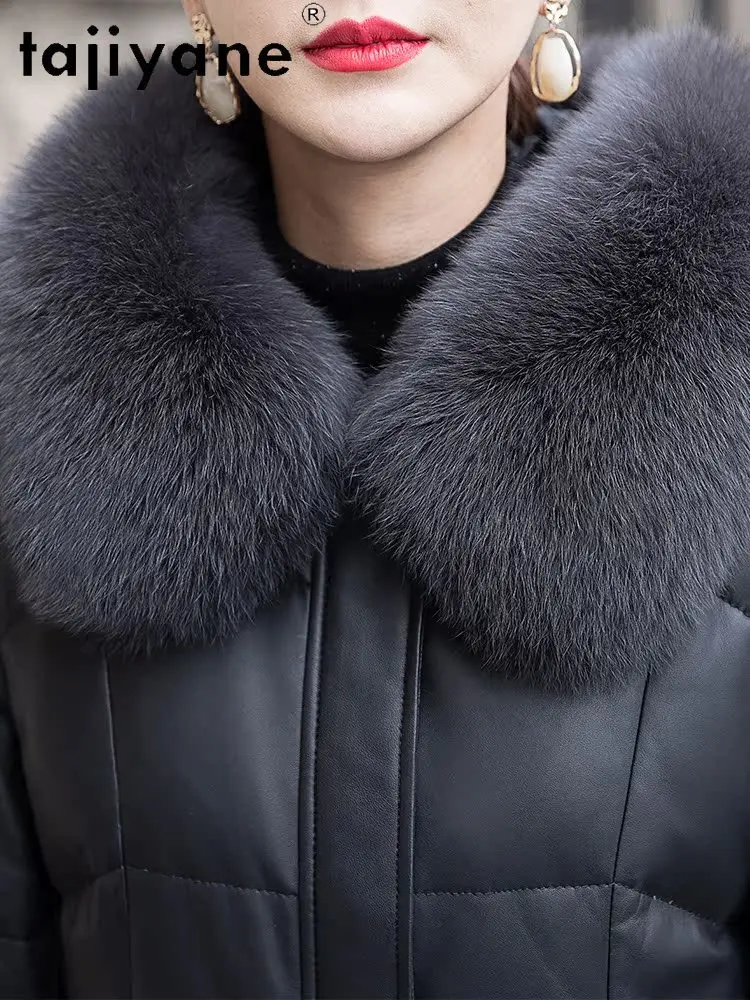 TAJIYANE Schaffell-Gänsedaunenmantel für Damen, Fuchspelzkragen, echte Lederjacken, Premium-Damen-Oberbekleidung, 2025, Winter-Damenkleidung
