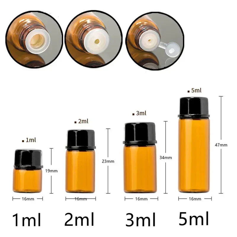 100PcsLot 1/2/3/5ml Essential Oil Bottles Amber Glass Mini Perfume Vials Refillable Bottle Sample Test Bottle Cosmetic Container