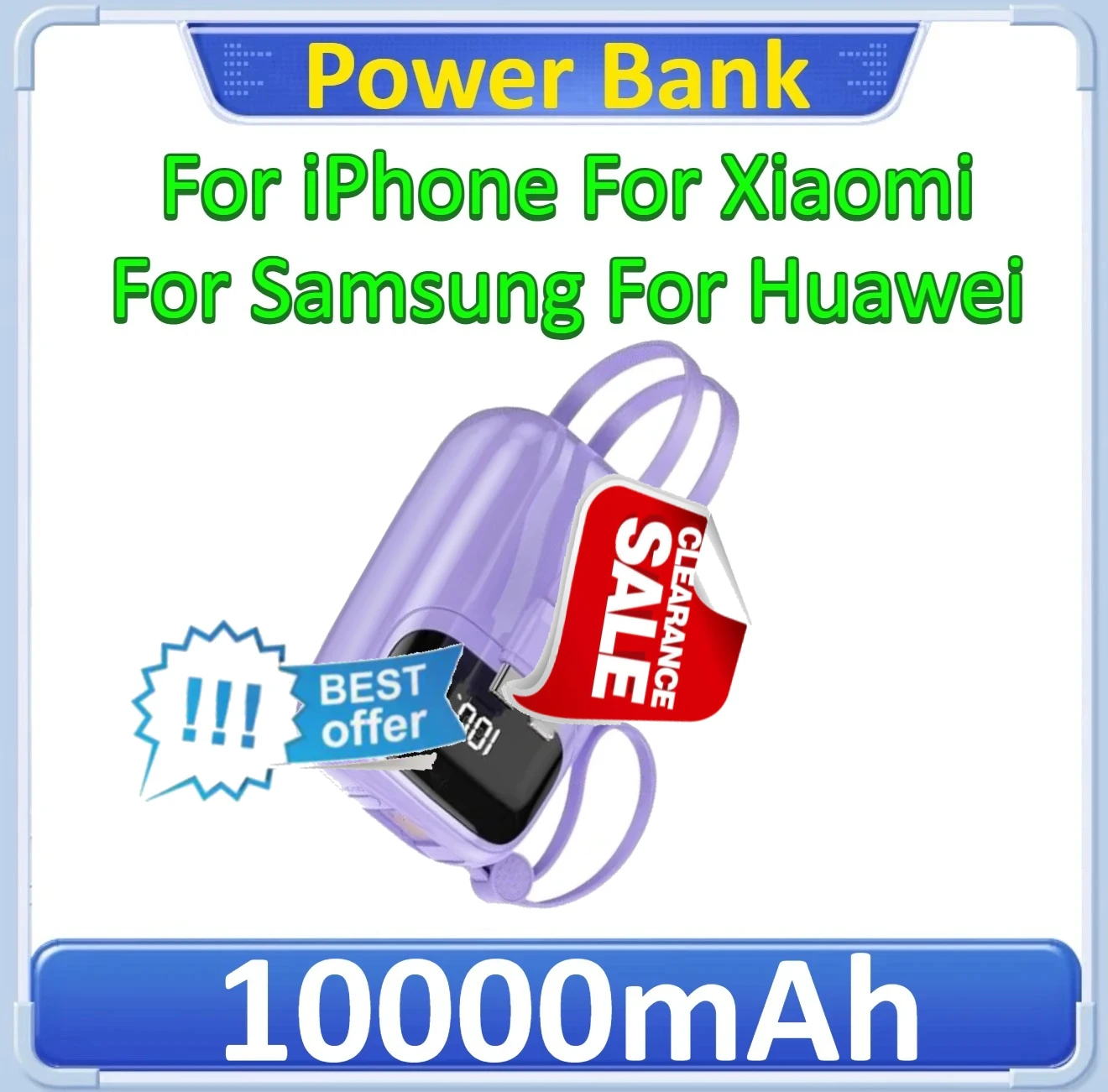 

10000mAh Power Bank For iPhone For Xiaomi For Samsung For Huawei Digital Display and Built-in Cable 22.5W Super Fast Charging