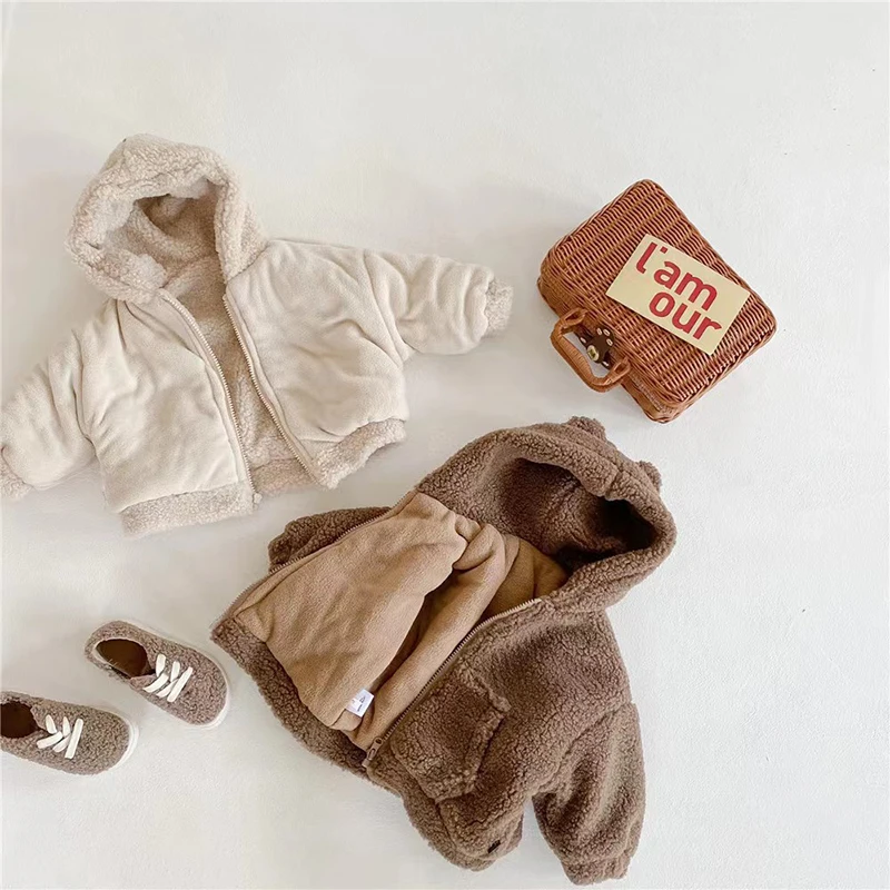 2024 Kids Autumn Winter Clothes Boys Girls Bears Ears Warm Coat Jacket Korean Fashion Fleece-lined Coat Children Clothes 1-5Year