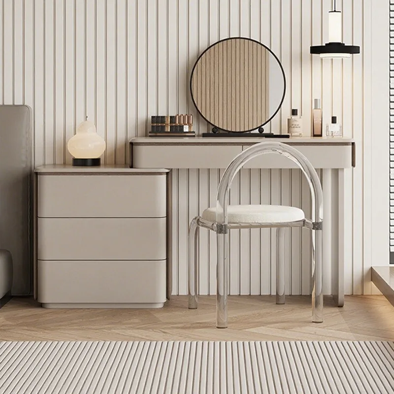 Modern Simple Solid Wood Dressing Table Lighted Cream Style Paint Integrated Bucket Cabinet for Small Apartment Bedroom Makeup