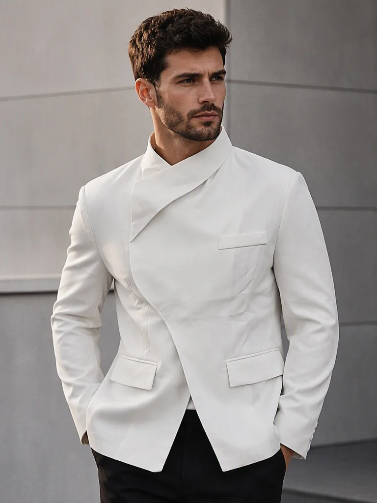 Men Asymmetric Stand Collar Blazer White Diagonal Placket Slim Fit Jacket Fashion Suit Coat Wedding Party Stage Formal Outerwear