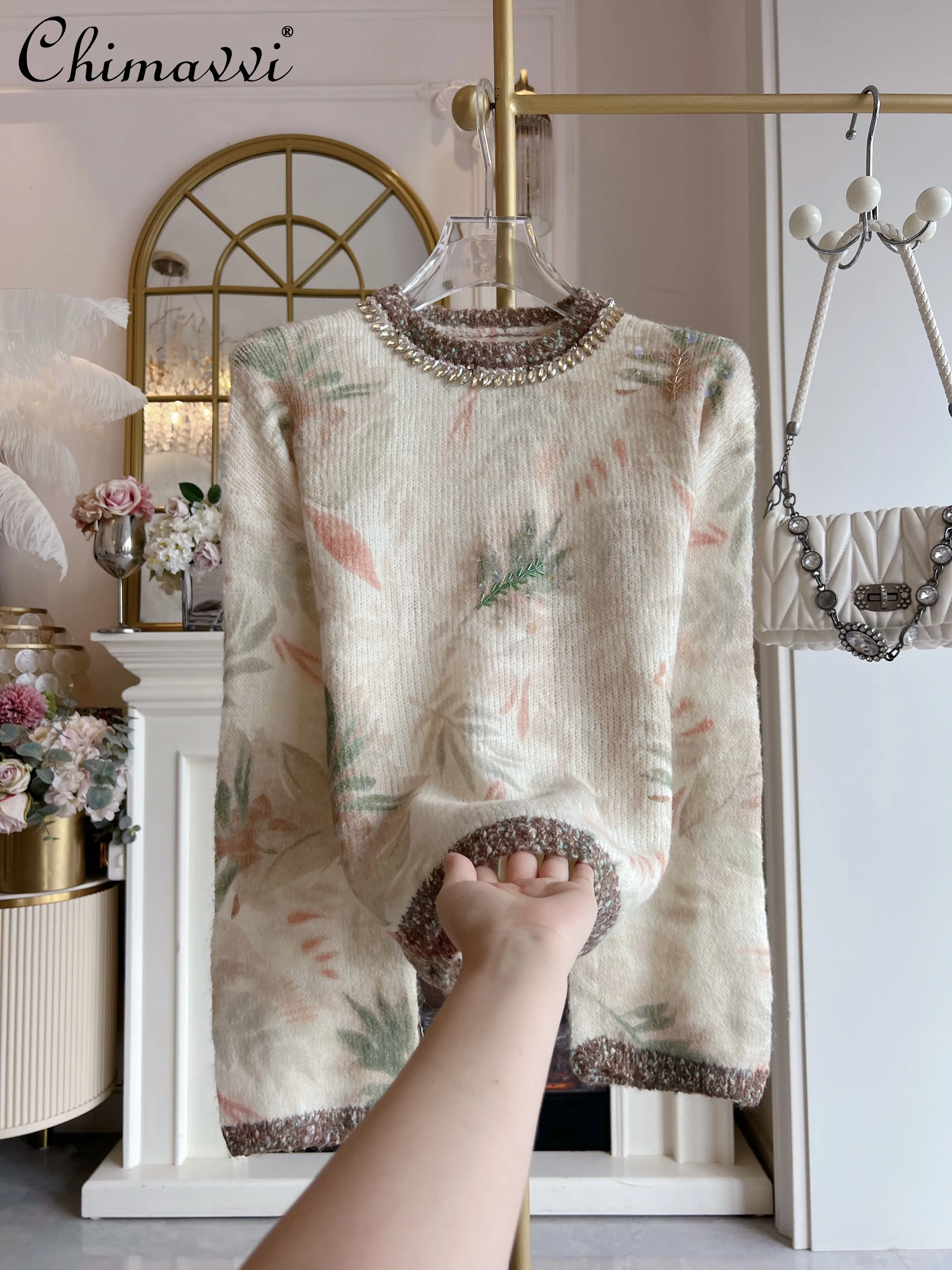 

Heavy Sequin Pullover Sweater for Women 2025 Autumn Winter New Fashion Loose Long Sleeve Elegant Color Block Printed Knitted Top