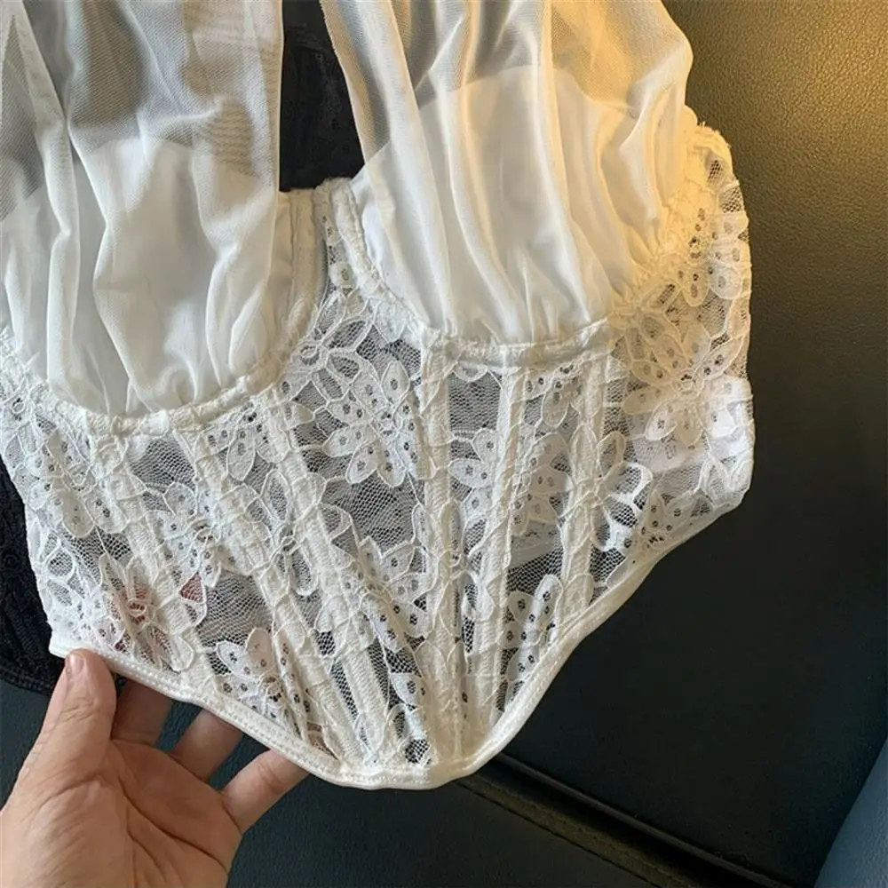 Sweet Mesh Lace Camisole Transparent Slim Fit Neck Halter Crop Tops Suspender Vest Sleeveless Fishbone Corset Camisole Ladies