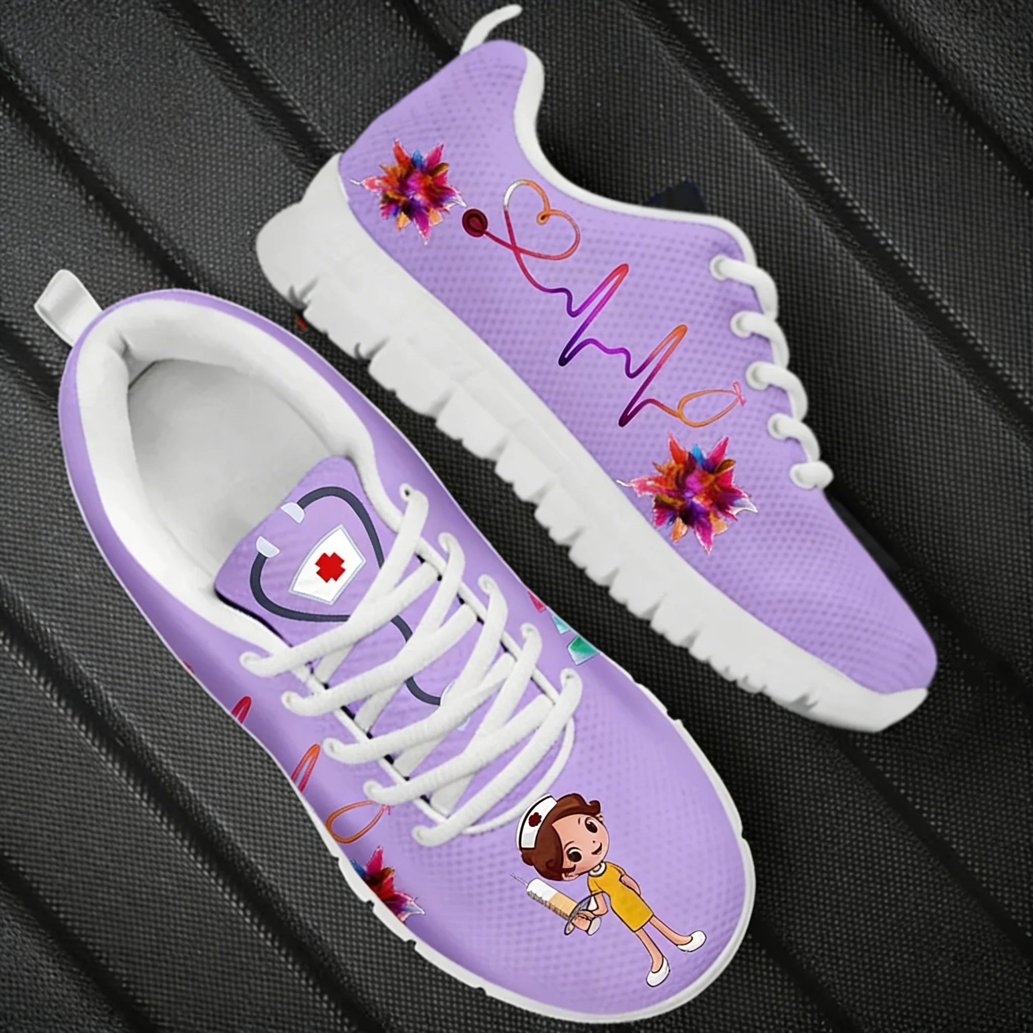 

New Cartoon Nurse Shoes For Women Medical Heart Beat Brand Design Breathable Sneakers Flats Shoes Zapatos Mujer