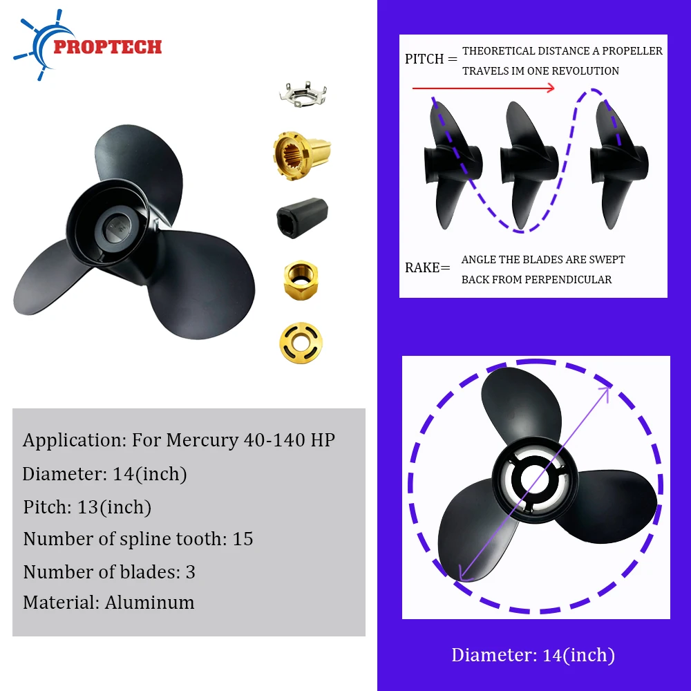 Marine Propeller For Mercury 40 50 60 70 75 80 90-140 HP 14 * 13 Aluminum Alloy Screw 3 Blade 15 Spline Outboard Accessories