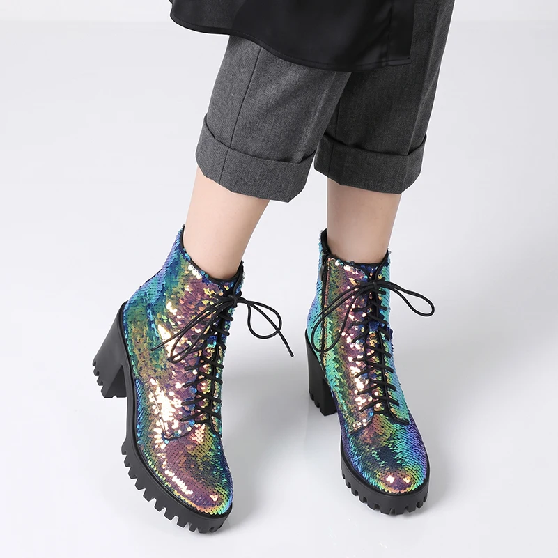 Fabric Inlaid Tiny Shiny Sequins Lace Up Block Heel Ankle Boots For Women, Color Changing Platform Booties With Side Zipper view 5