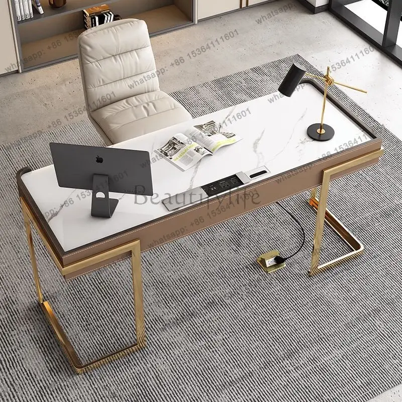 

Italian minimalist saddle leather bright rock slab desk light luxury