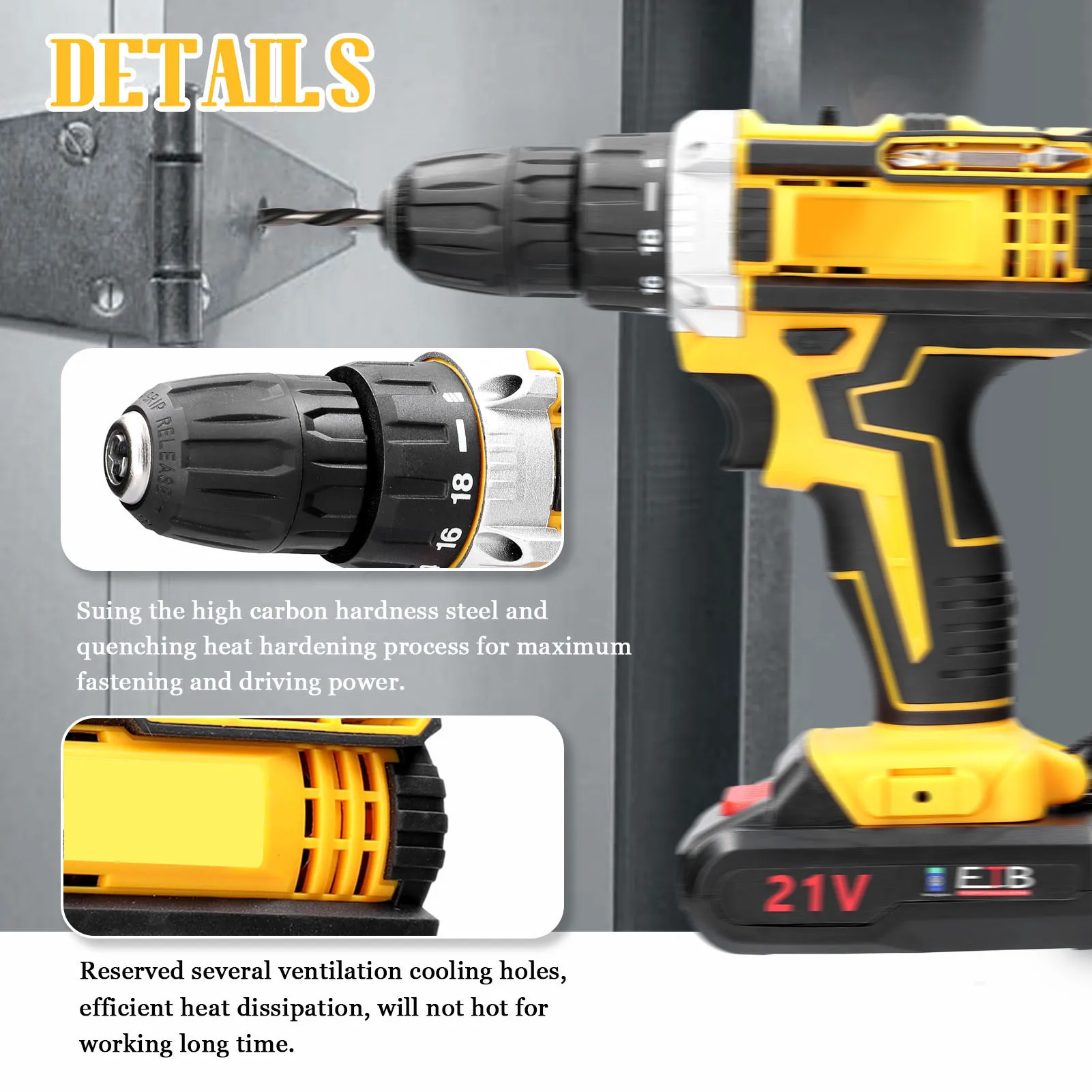 21V Cordless Electric Drill Brush Motor 2 Speeds Adjustment 18 Gears of Torque Adjustable Holes Drilling Machine