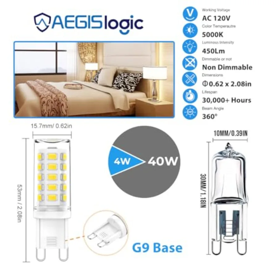 G9 LED Bulb 4W, 40W Halogen Equivalent, 450LM, 360° Beam Angle Energy Saving, Non-dimmable, 5000K Cool White, No Flicker, 120V,