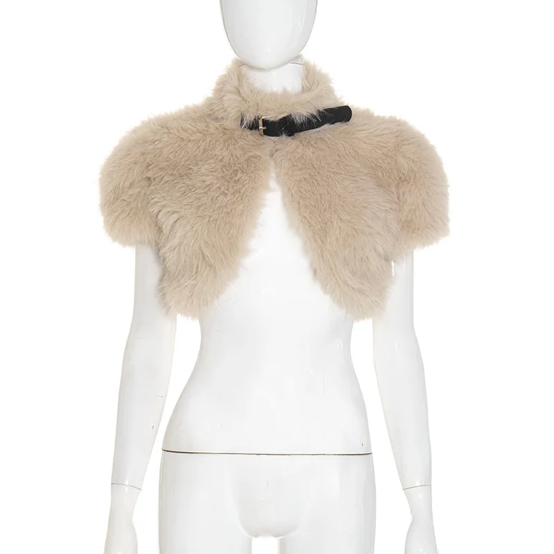 Khaki Fashion Slim Sexy Faux Fur Sleeveless Vests Women 2026 Autumn Winter Furry Cropped Jackets Female Buckle Belts Short Coats