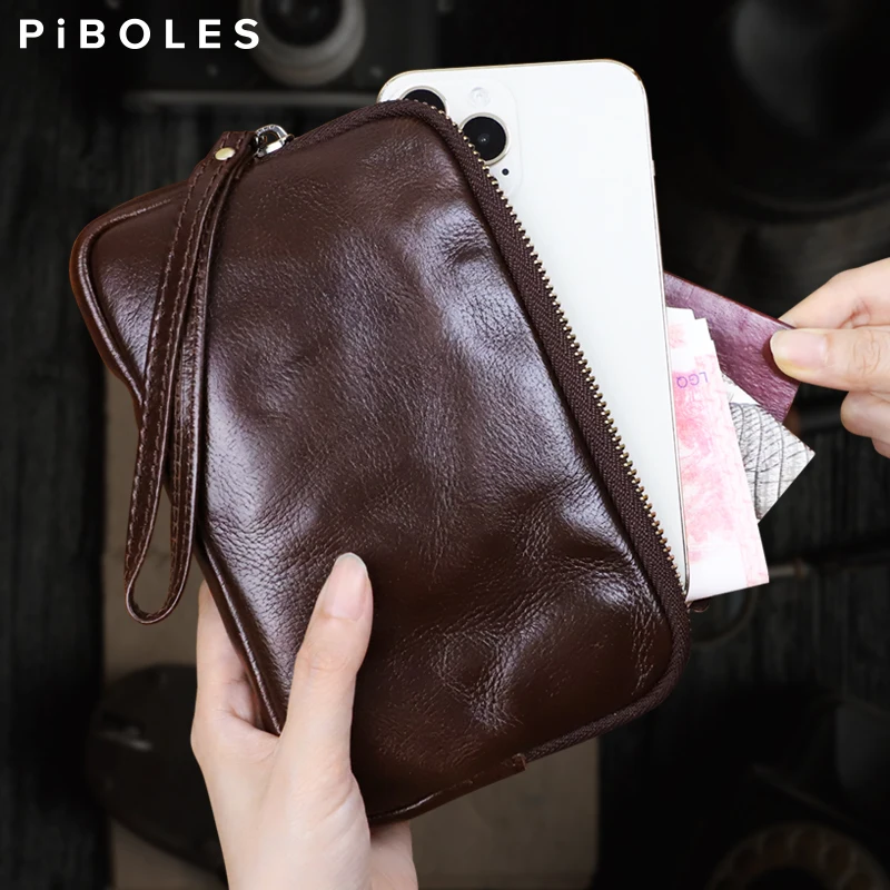 Retro Genuine Leather Women's Clutch Lightweight Double Zipper Long Wallet Handmade Cowhide Phone Bag Handbag