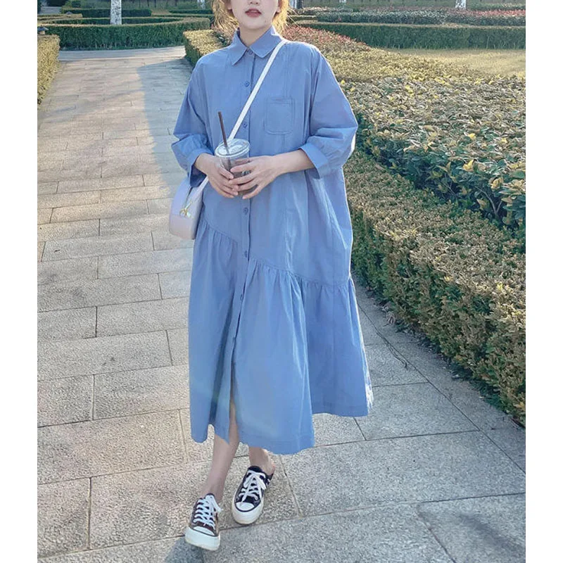 2024 Jesienna odzież damska Nowy jednolity kolor Polo-Neck Button Spliced Fashion Loose High Street Proste sukienki z długim rękawem