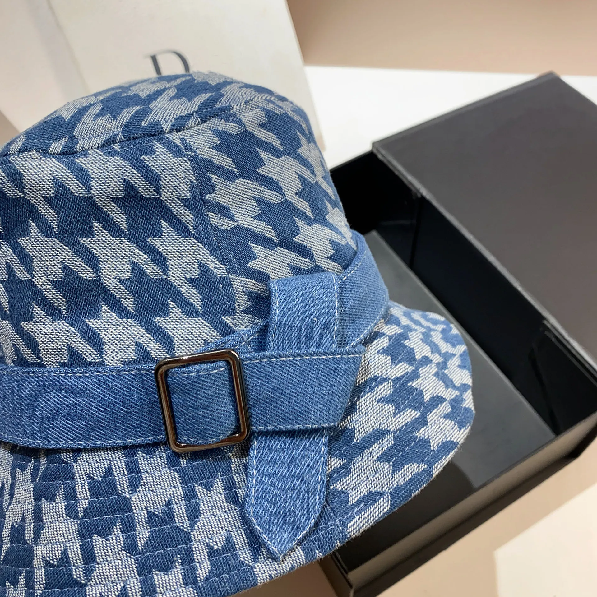 Luxury Houndstooth Women\'s Denim Bucket Hat Summer Spring Flat Fisherman Hat Korean Fashion Casual Outdoor Beach Sun Hats