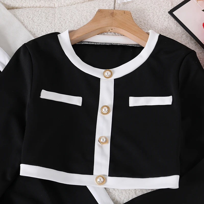 Teen Girls Black White Color Block Suit, Round Neck Pocket Decor Long Sleeve Blouse And Loose Straight Casual Trousers 3