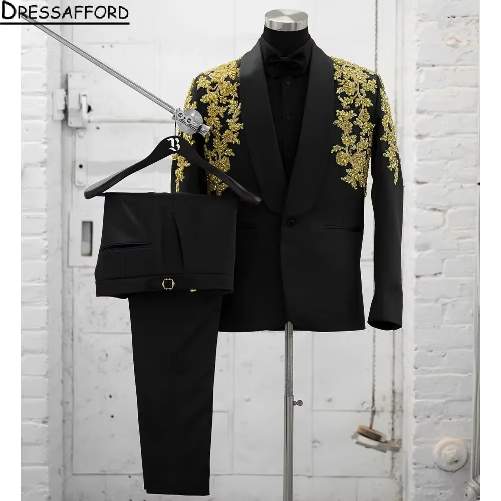 Black Men Suits 2 Piece Gold Sequined Appliques New Fashion Business Casual Wear Party Wedding Groom Tuxedo Jacket And Pants