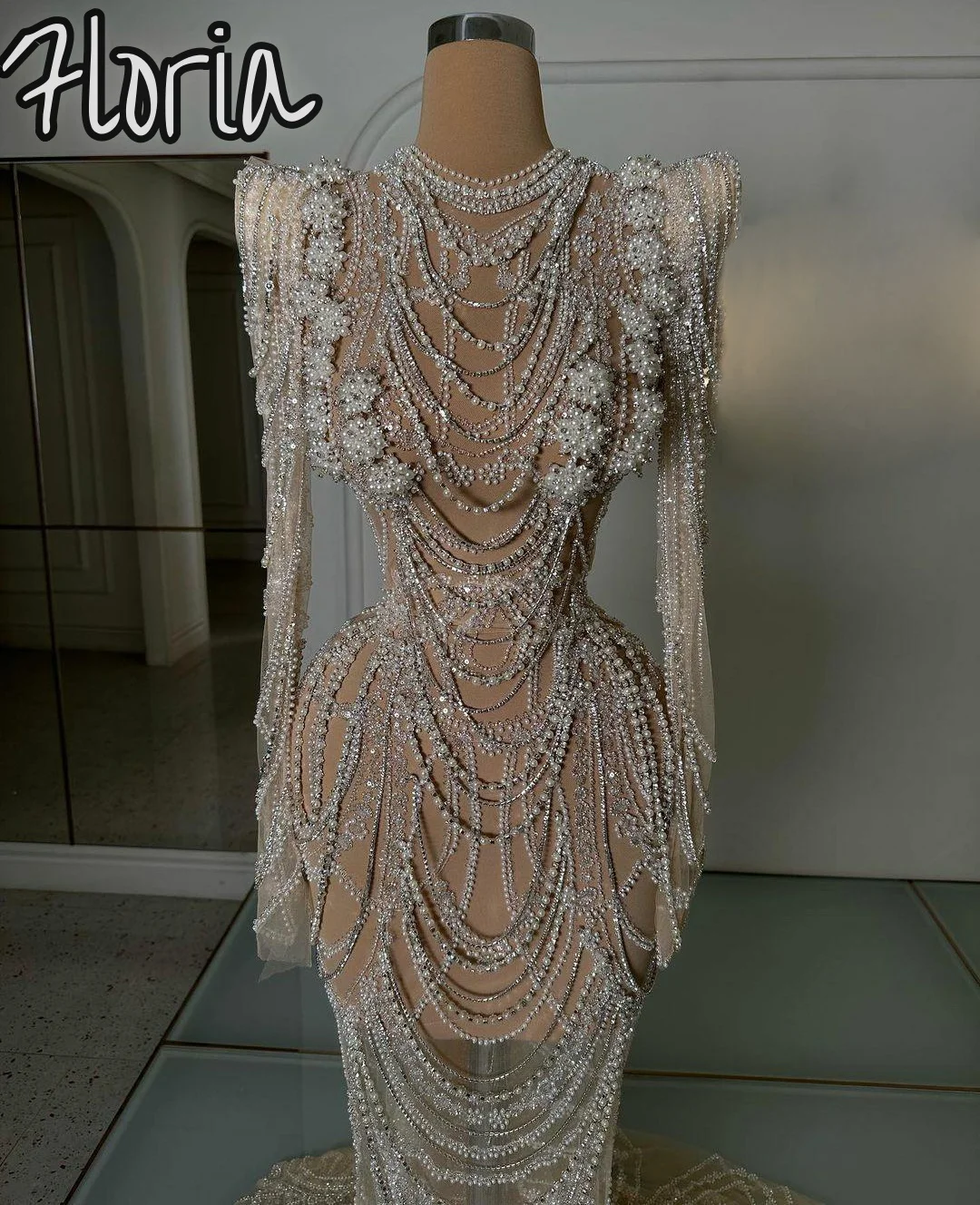 

Sexy Long Sleeves Full Pearls Tassel Mermaind Formal Party Dress Luxury Dubai Beaded Evening Gowns Robes De Soirée