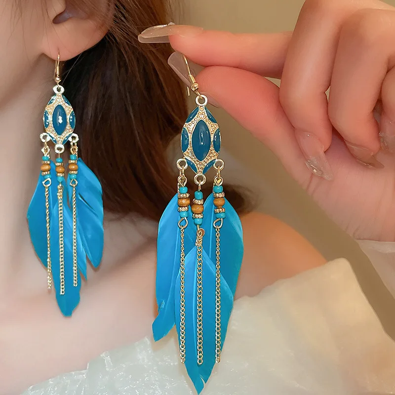 

MOGAKU Ethnic Beaded Dangle Earrings for Women Blue Feather Metal Tassel Bohemia Ear Hook Earring Fashion Accessories Jewelry