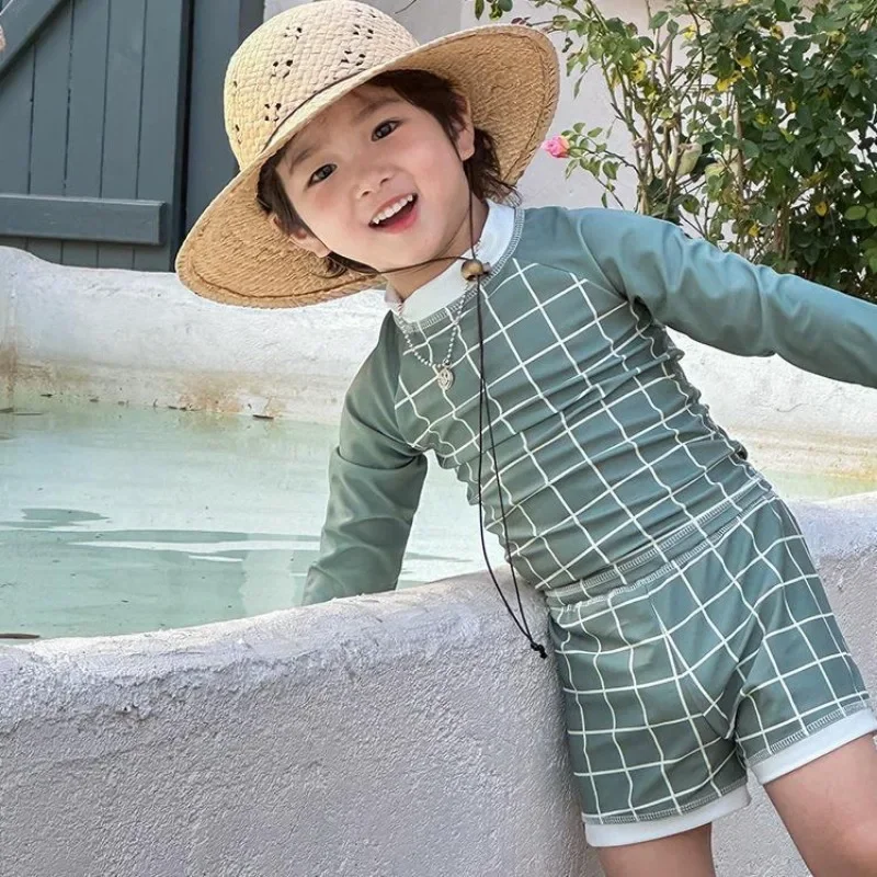 Conjunto de traje de baño de manga larga para niños, Top a cuadros a prueba de sol, bañadores de natación, traje de surf para niños pequeños