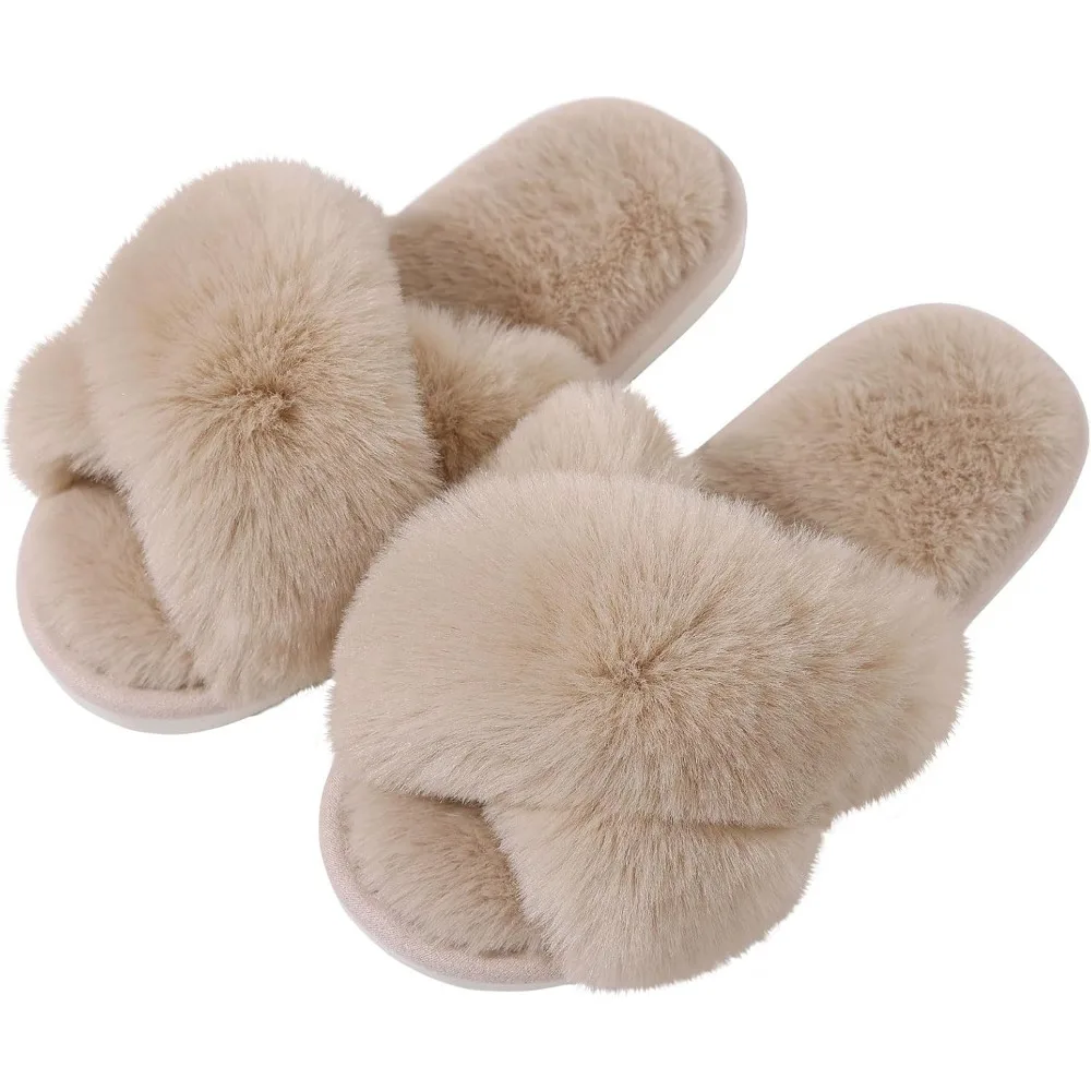 

Evshine Women's Fuzzy Slippers Cross Band Memory Foam House Slippers Open Toe