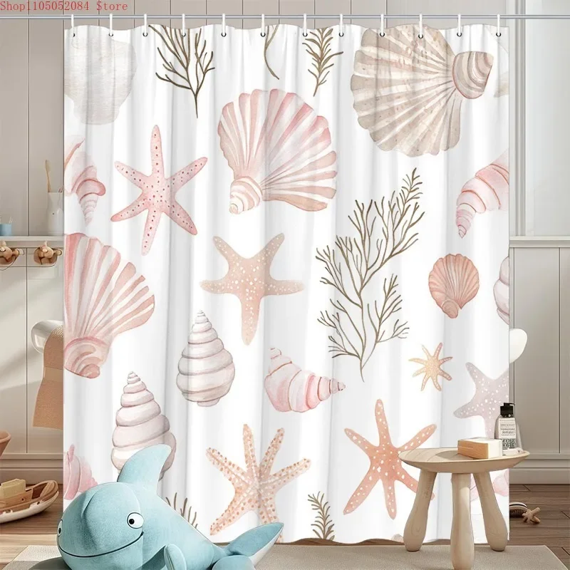 1pc seashell sea creatures shower curtain soft watercolor -  With Hooks Waterproof Mildew Proof Easy Install Washable