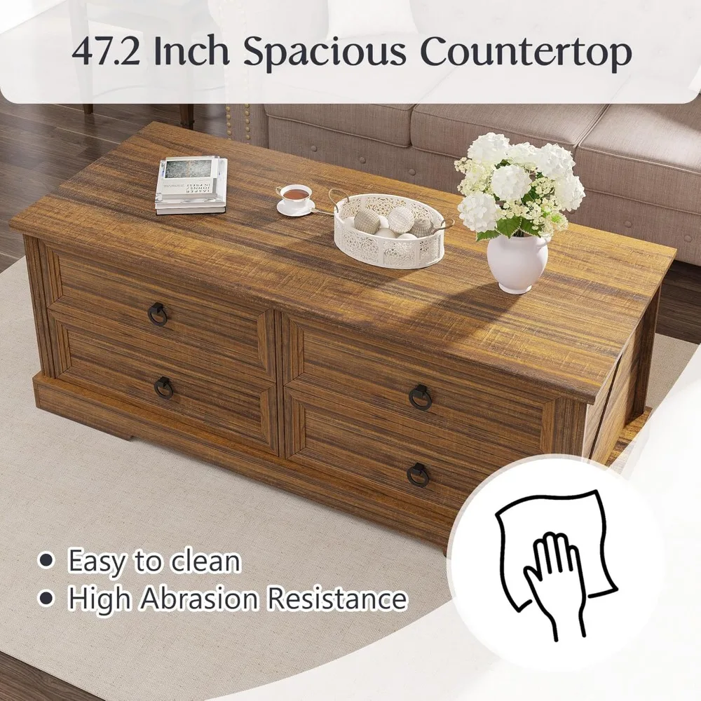 Coffee Table with Storage, 47.2 in Rustic Wooden Center Table with 4 Drawers for Living Room, Easy Assembly Rectangle Home Offic