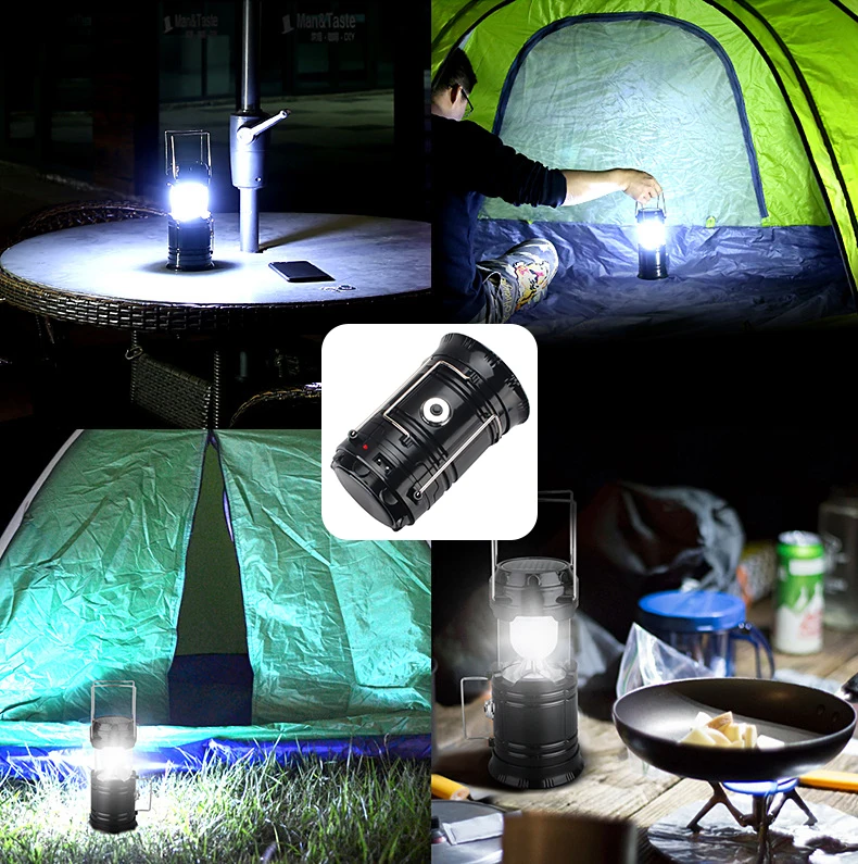 Camping Lamp USB Rechargeable Camping Light Outdoor Tent Light Lantern Solar Power Collapsible Lamp Flashlight Emergency Torch