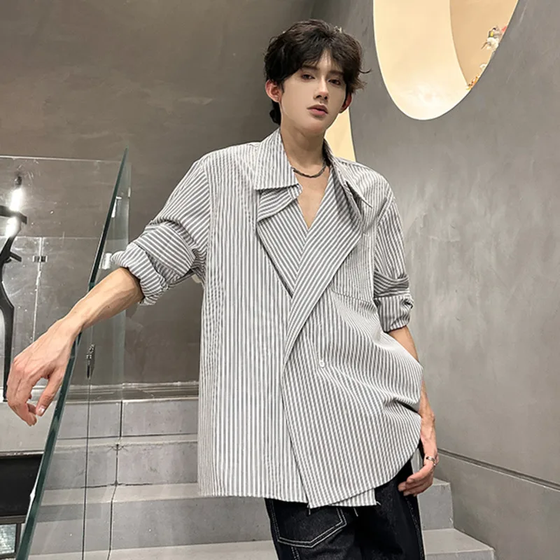 WVGA ربيع الخريف جديد الرجال المد النمط البريطاني مخطط كبير التلبيب تصميم العصرية قمصان طويلة الأكمام المتخصصة شيك بلايز عادية W16841 #6