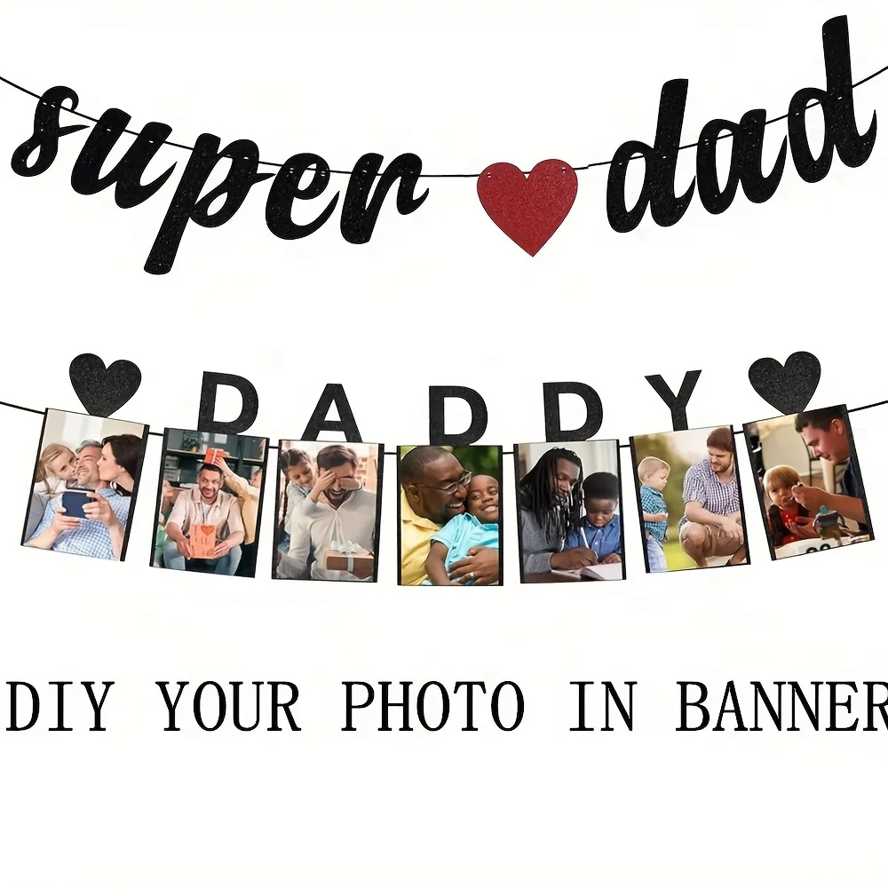 Super Dad Black Glitter Banner with Photo Slots - 2 Pack Birthday and Father's Day Party Decoration - Paper Craft Bunting