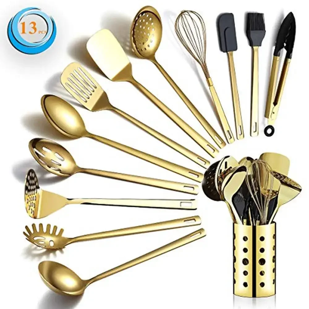 

Gold Stainless Steel Kitchen Utensils Set 13 Pieces Cooking Tools Set Titanium Plated Ladle Skimmer Egg Whisk Turner Spoon Tong