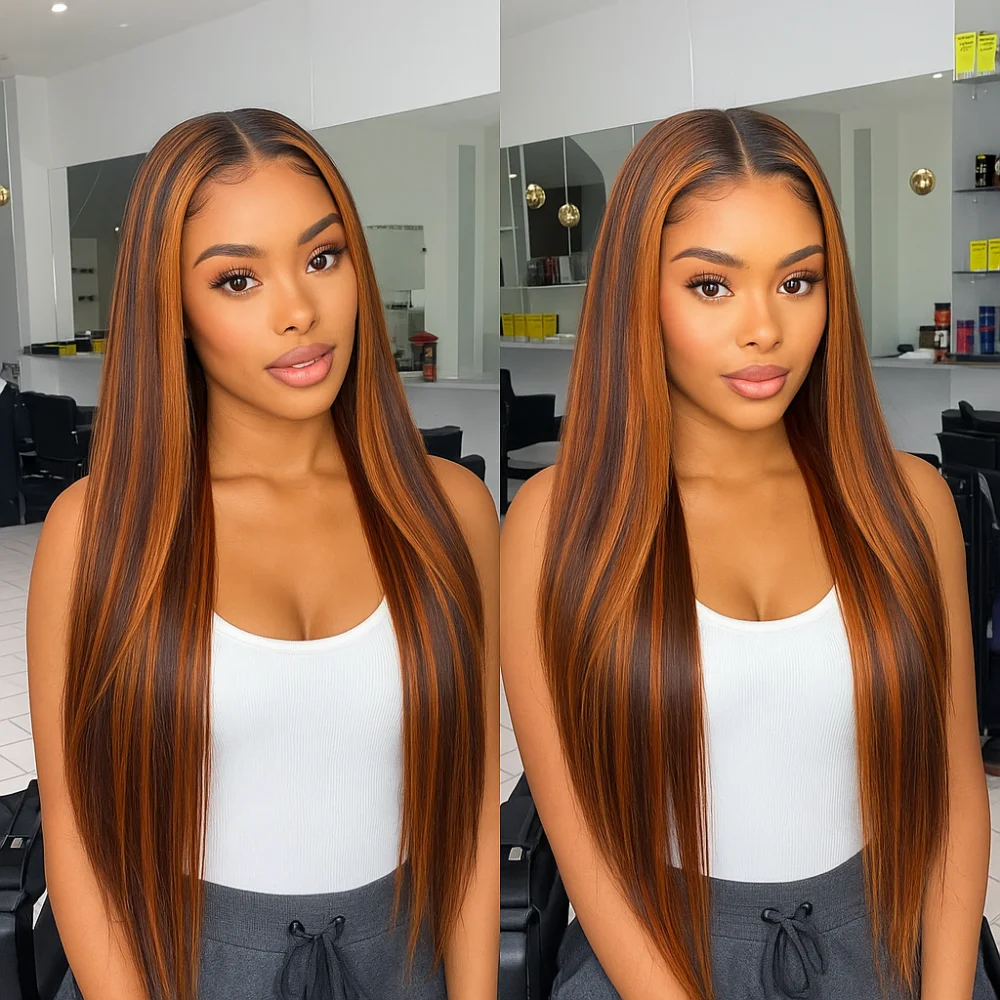 Wig Rambut Asli Warna Ginger Highlight Brown 5x5 HD Lace Glueless 200 Density, Model Lurus, Sudah Pre Plucked, Siap Pakai Untuk Wanita