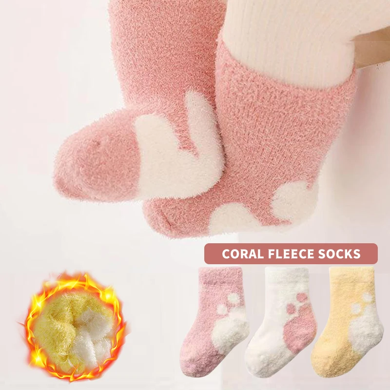 

3 Pairs of Warm, Thick, Unisex Newborn Baby Socks, Made of Soft Mink-like Fabric, with Bear Paw Patterns