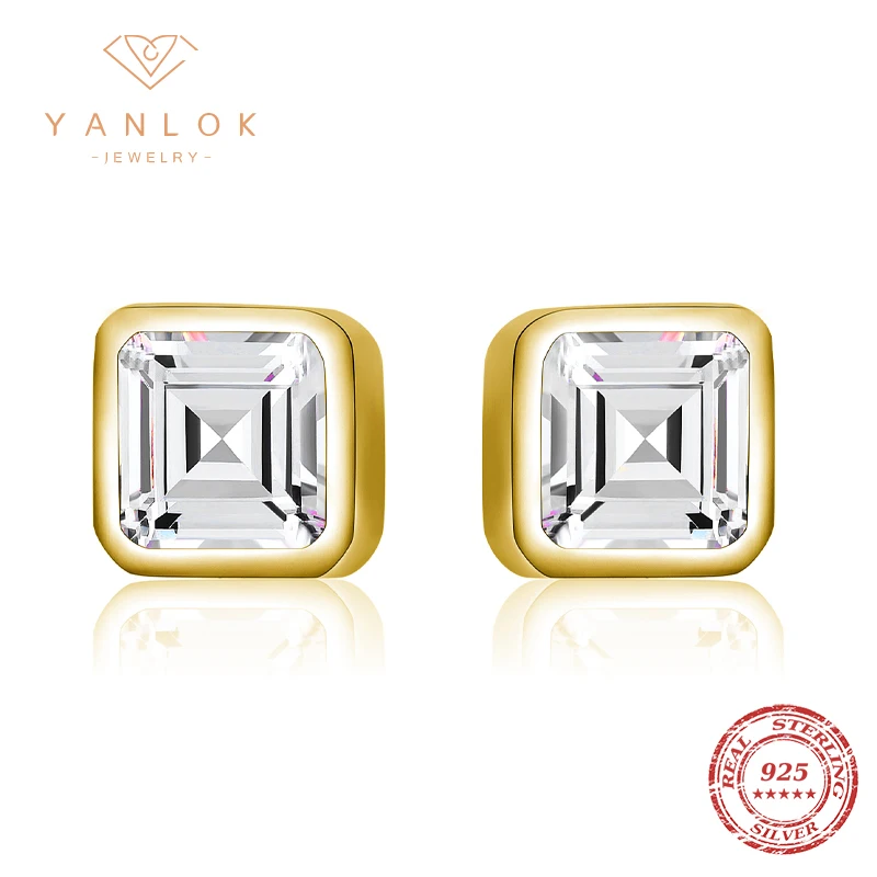 YANLOK Brand Classic 925 Sterling Silver Emerald Cut CZ Square Stud Earrings for Women Anti-Allergy Earrings Wedding Jewelry