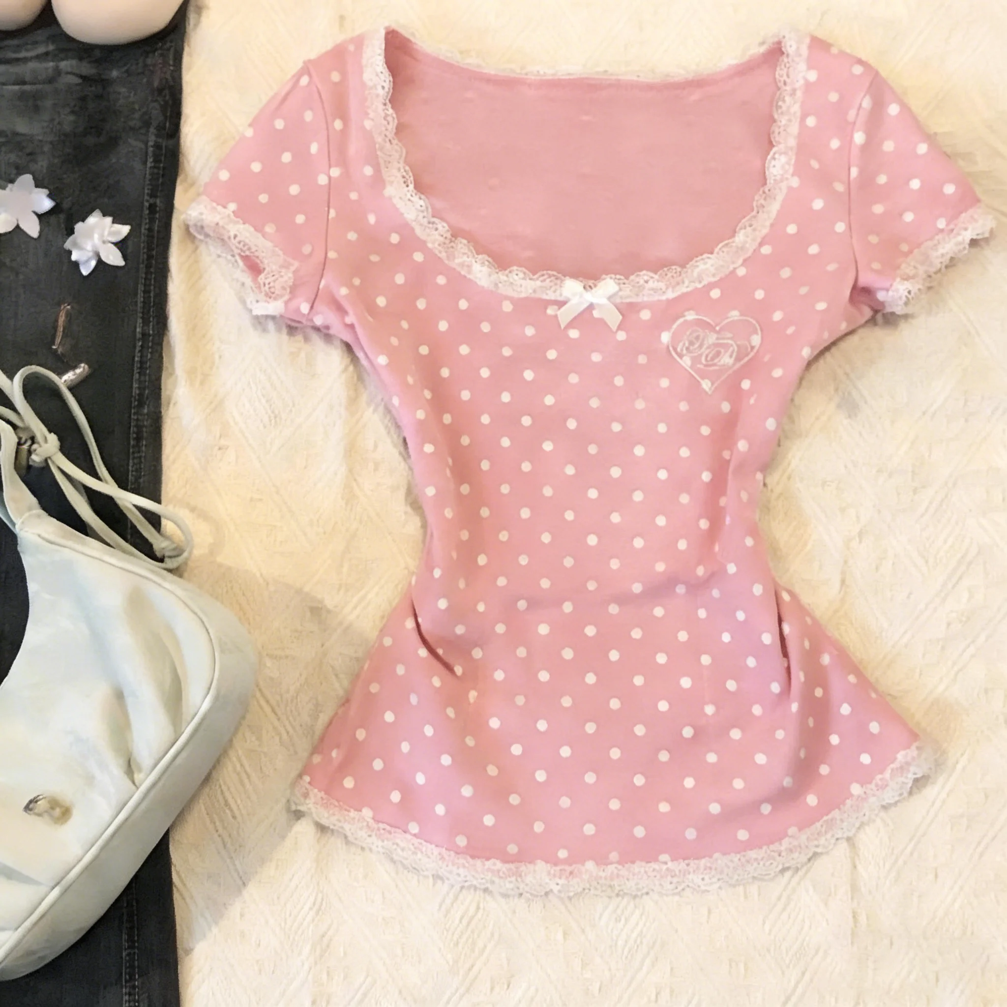 Summer new original street style millennium sweet cool girl vintage pink lace polka dot print slim-fit short-sleeved top T-shirt
