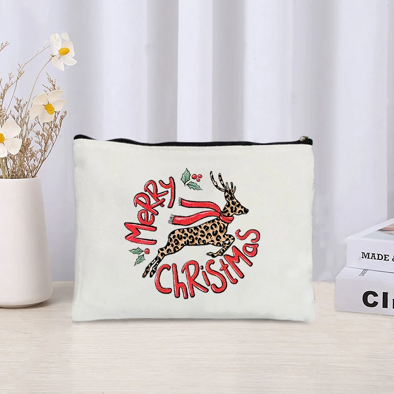 Santa Gingerbread Man Printed Canvas Cosmetic Bag Animal Cute Travel Storage Pouch Zipper Pencil Case Makeup Bags Christmas Gift